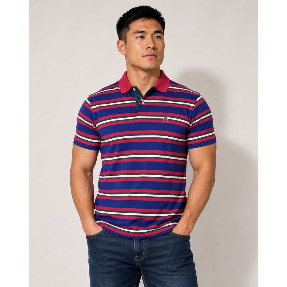 Vintage Tommy Hilfiger Mens Striped Polo Shirt Blue Red Green Crest Logo Size M